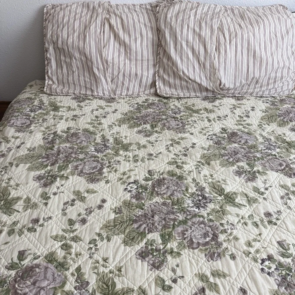 Vtg Cottagecore Quilt Full Queen Floral Shams Rose Reversible Striped Bedspread